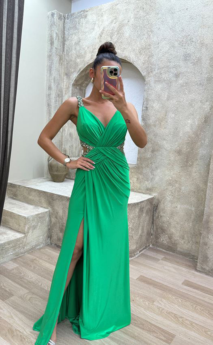 RP1566-Gorgeous Green Mermaid Spaghetti Beaded Sleeveless Chiffon Prom Evening Dresses Formal Party Gowns With Slit