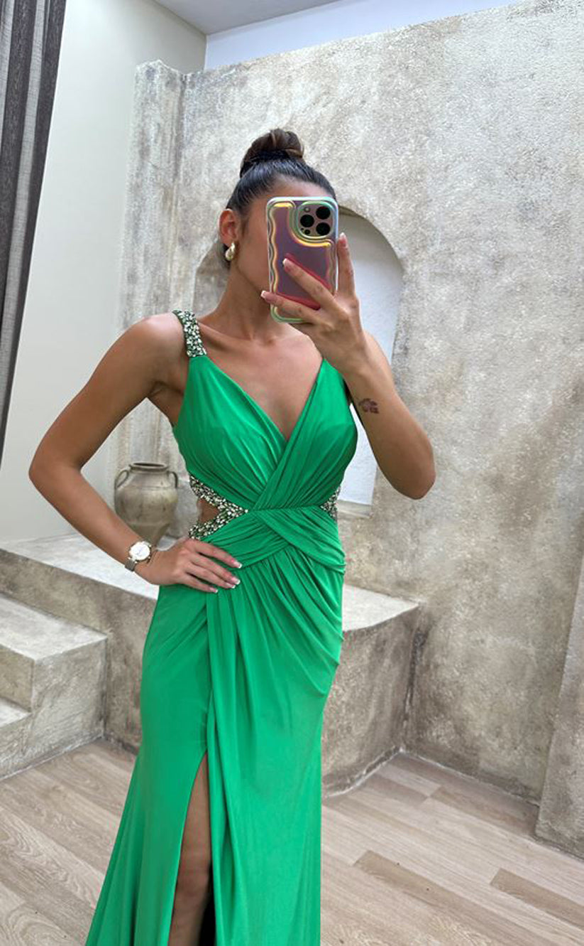 RP1566-Gorgeous Green Mermaid Spaghetti Beaded Sleeveless Chiffon Prom Evening Dresses Formal Party Gowns With Slit