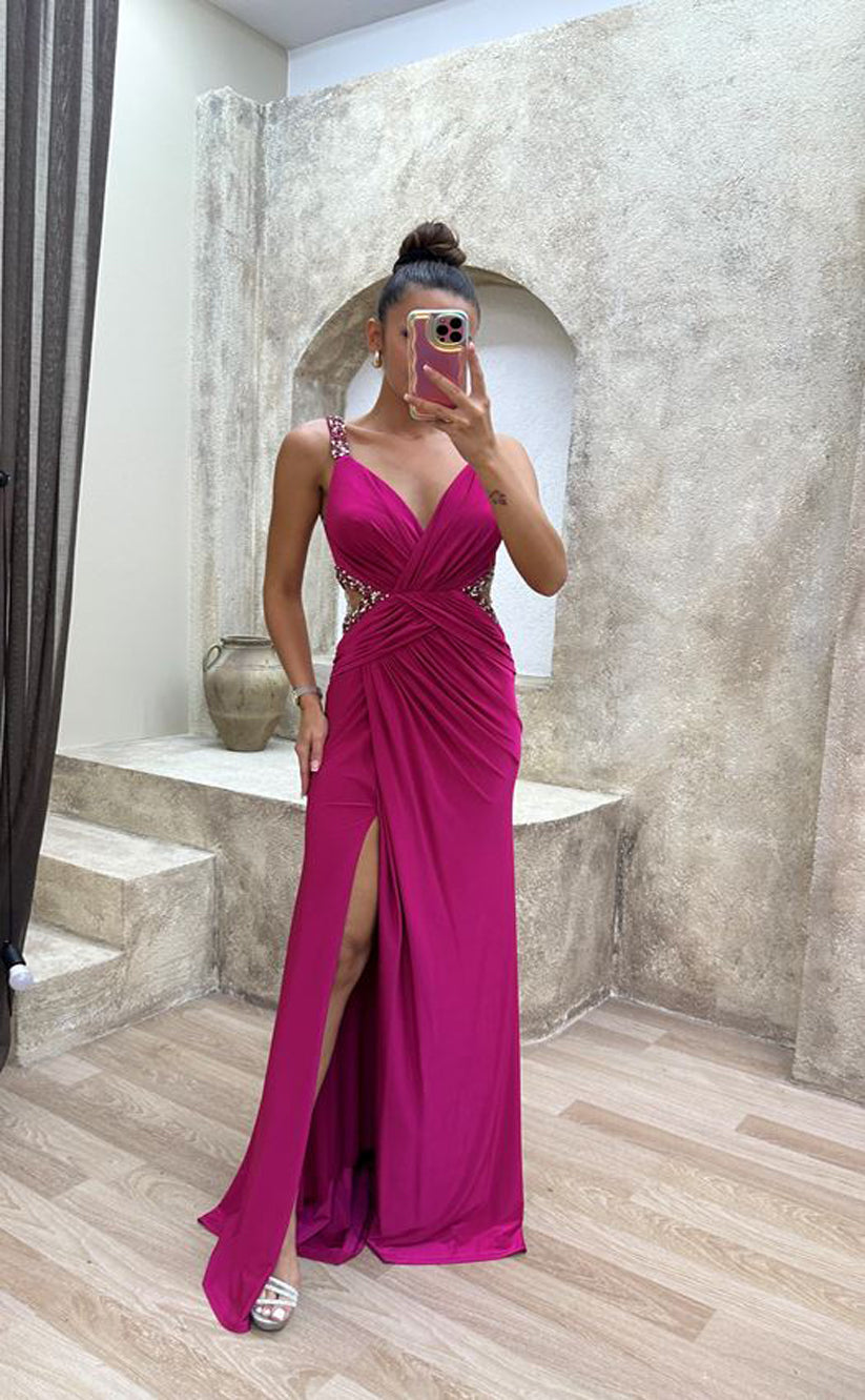 RP1566-Gorgeous Green Mermaid Spaghetti Beaded Sleeveless Chiffon Prom Evening Dresses Formal Party Gowns With Slit