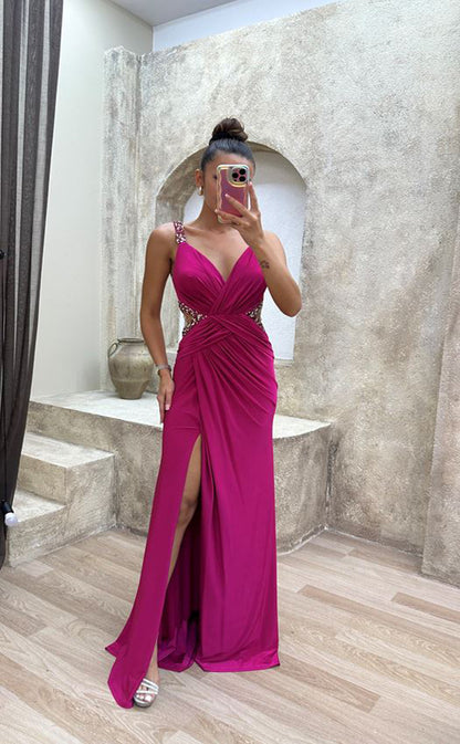 RP1566-Gorgeous Green Mermaid Spaghetti Beaded Sleeveless Chiffon Prom Evening Dresses Formal Party Gowns With Slit