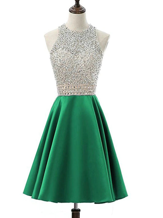 Cute A-Line Scoop Jewel Collar Sleeveless Beads Crystals Hollow Short Satin Homecoming Graduation Dresses Special Occasions Party Gowns