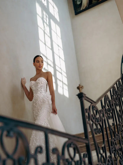 Gorgeous Mermaid Wedding Dresses Sweetheart Appliqued Beads Zipper Sweep Train Tulle Bridal Gowns Custom