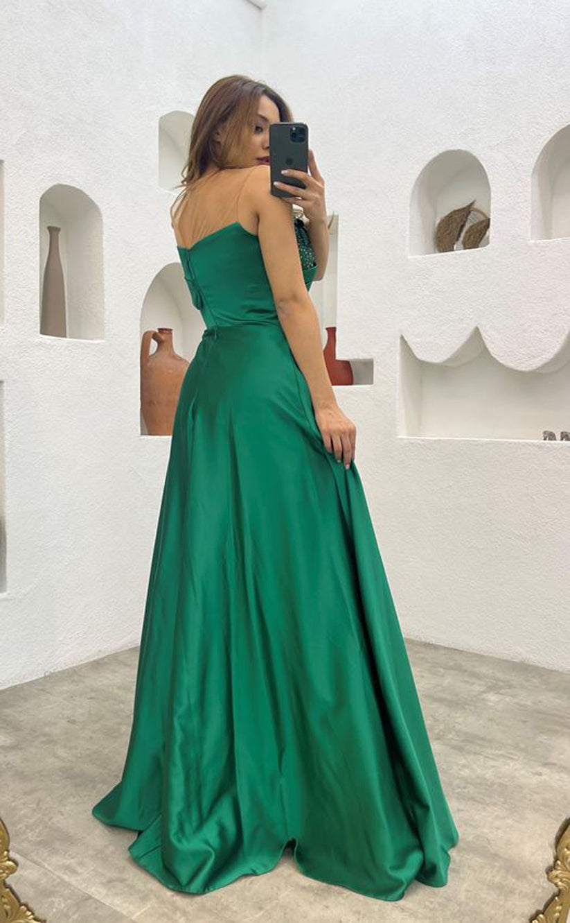 RP1567-Gorgeous Green Mermaid One Shoulder Beaded Sleeveless Chiffon Prom Evening Dresses Formal Party Gowns With Slit