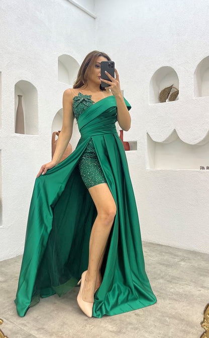 RP1567-Gorgeous Green Mermaid One Shoulder Beaded Sleeveless Chiffon Prom Evening Dresses Formal Party Gowns With Slit