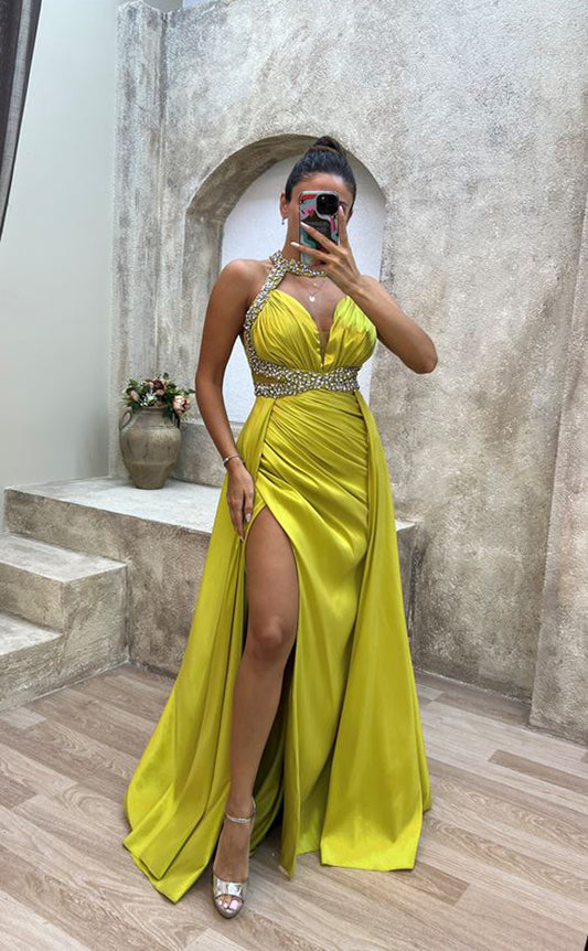 RP1568-Gorgeous Yellow Mermaid Halter Beaded Sleeveless Satin Prom Evening Dresses Formal Party Gowns With Slit