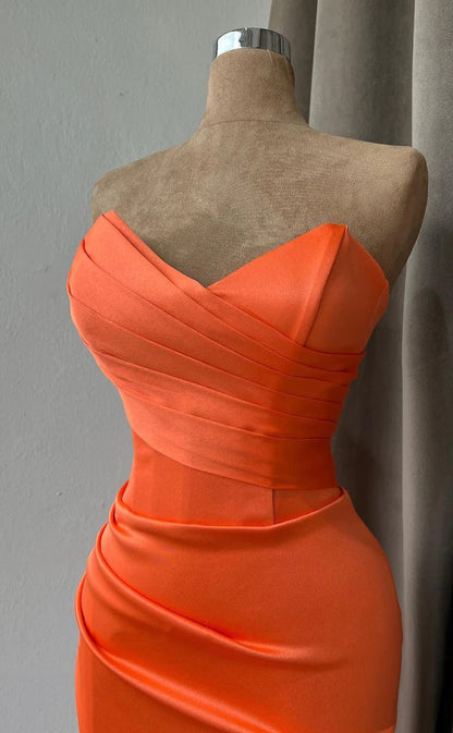 RP1554-Gorgeous Orange Mermaid Sweetheart Ruched Sleeveless Satin Prom Evening Dresses Formal Party Gowns With Slit