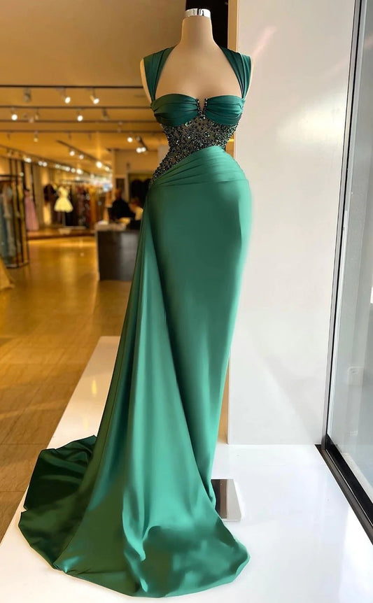 RP1554-Gorgeous Green Mermaid Sweetheart Beaded Ruched Sleeveless Satin Prom Evening Dresses Formal Party Gowns With Train