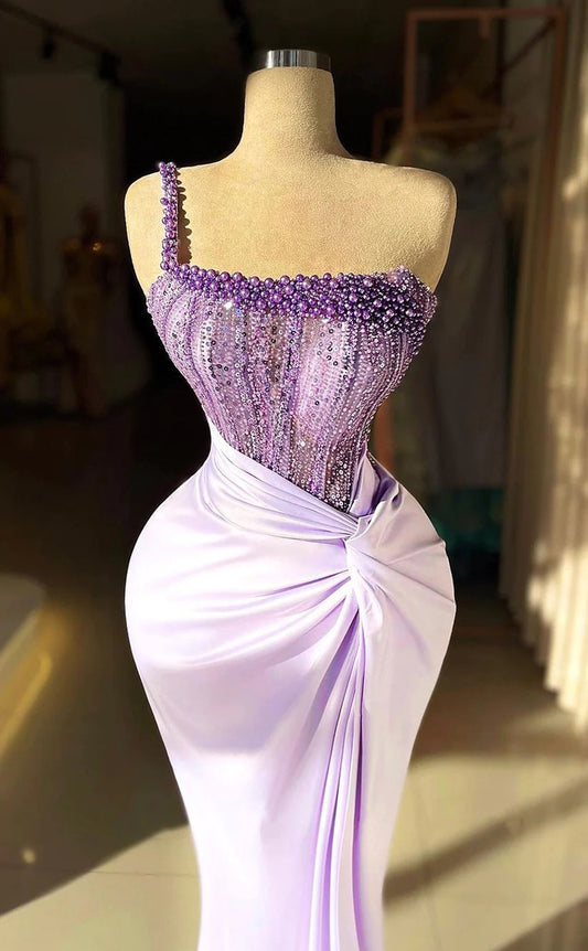 RP1553-Gorgeous Lavender Mermaid One Shoulder Pearls Sequins Sleeveless Satin Prom Evening Dresses Formal Party Gowns With Slit