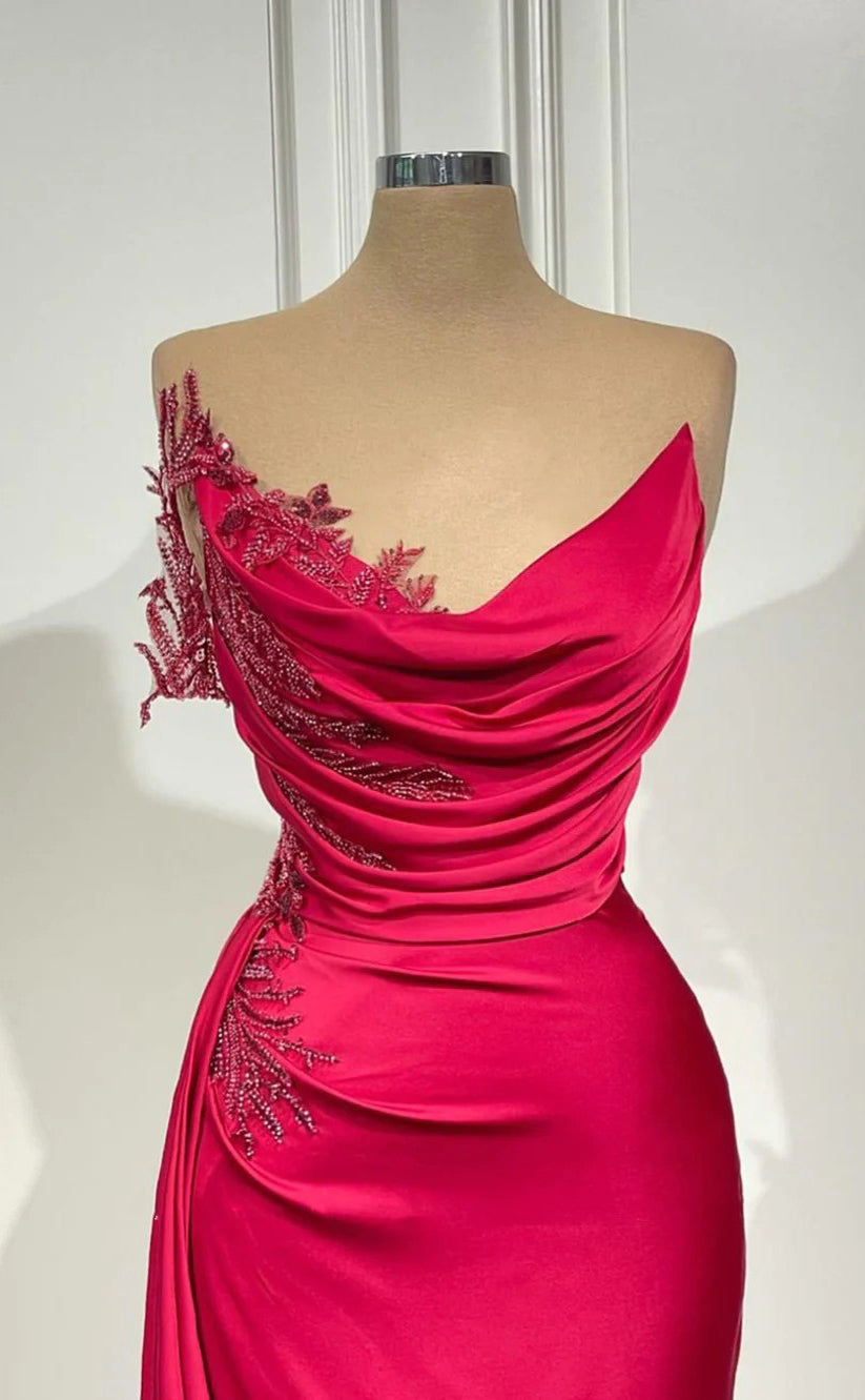 RP1552-Gorgeous Red Mermaid Sweetheart Appliqued Sleeveless Satin Prom Evening Dresses Formal Party Gowns With Slit