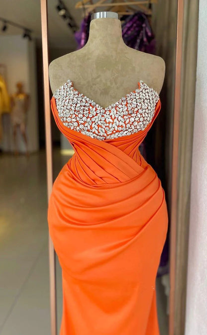 RP1537-Gorgeous Orange Mermaid Sweetheart Crystals Sleeveless Satin Prom Evening Dresses Formal Party Gowns