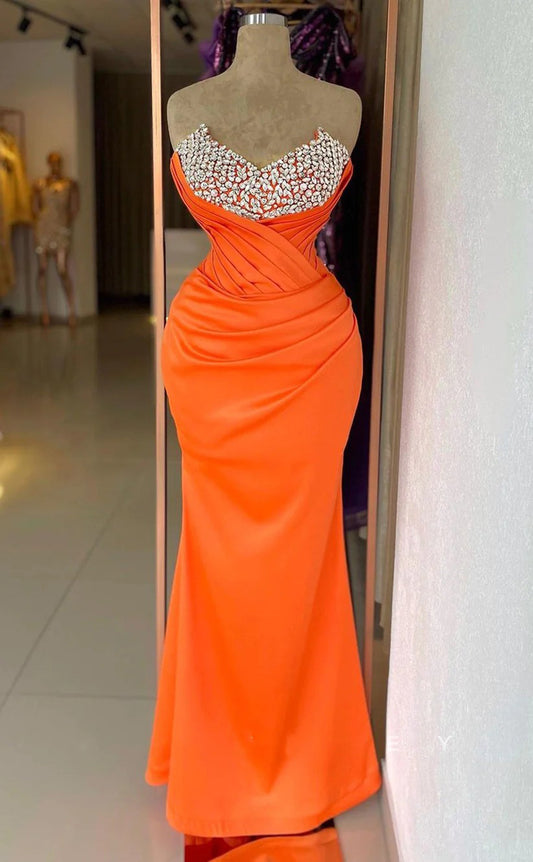 RP1537-Gorgeous Orange Mermaid Sweetheart Crystals Sleeveless Satin Prom Evening Dresses Formal Party Gowns