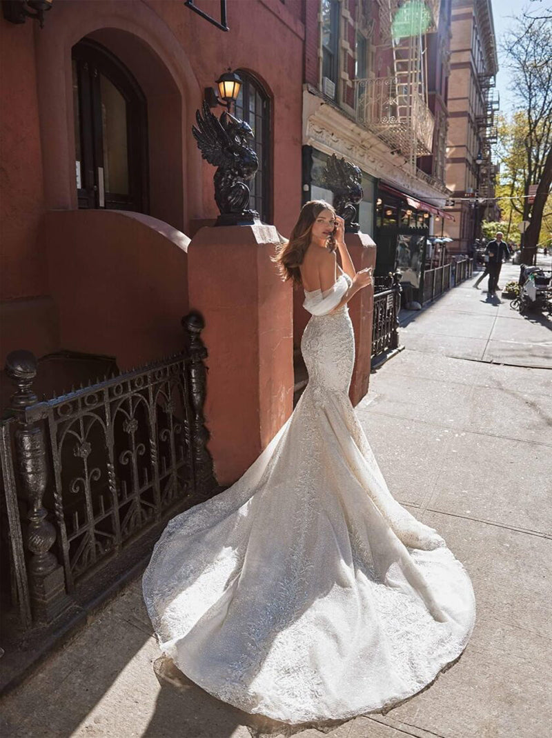 Gorgeous & Sexy Mermaid Wedding Dresses Off The Shoulder Beads Sequins Lace Up Sweep Train Tulle Bridal Gowns Custom