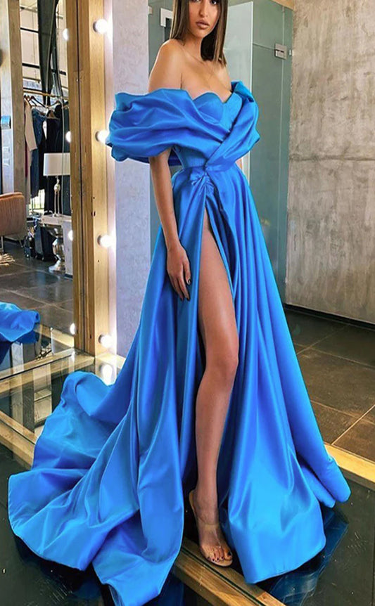 RP1538-Elegant Sky Blue A-Line Off-the-Shoulder Ruched Sleeveless Satin Prom Evening Dresses Formal Party Gowns With Slit