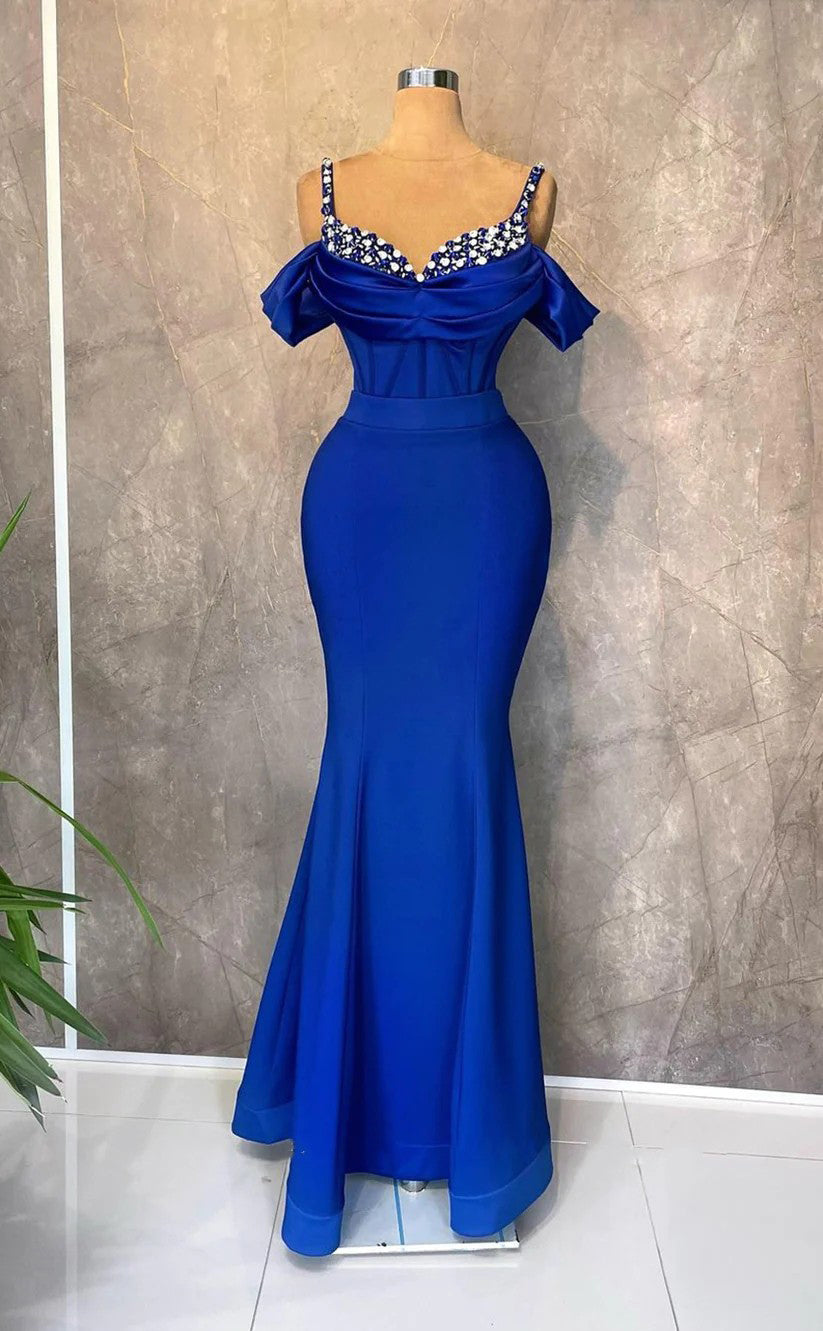 RP1541-Elegant Royal Blue Mermaid Spaghetti Crystals Sleeveless Satin Prom Evening Dresses Formal Party Gowns