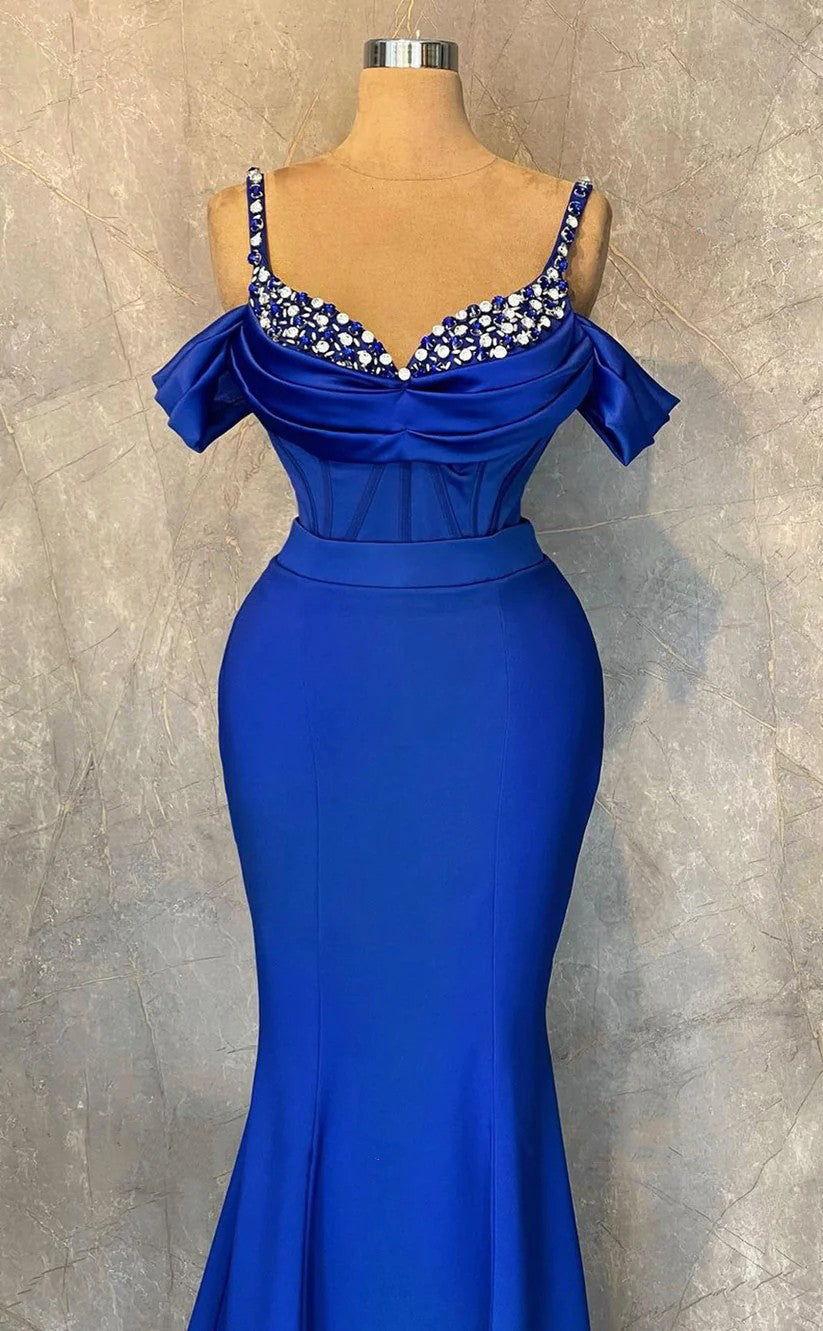 RP1541-Elegant Royal Blue Mermaid Spaghetti Crystals Sleeveless Satin Prom Evening Dresses Formal Party Gowns