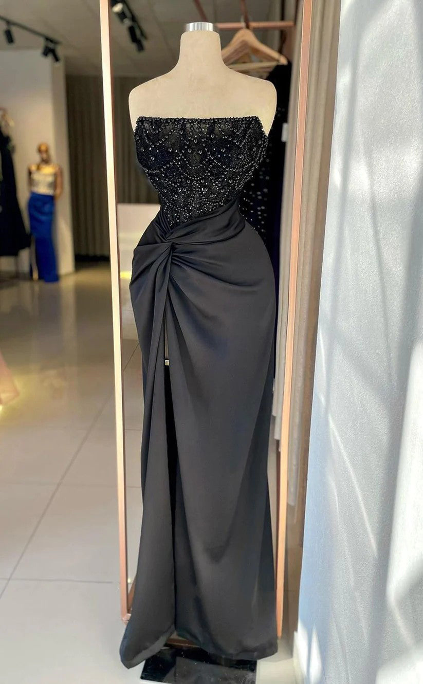 RP1542-Gorgeous Black Mermaid Strapless Pearls Sleeveless Satin Prom Evening Dresses Formal Party Gowns With Slit