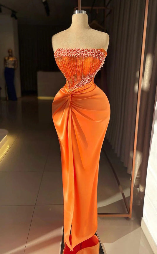 RP1544-Gorgeous Orange Mermaid Strapless Pearls Sequins Sleeveless Satin Prom Evening Dresses Formal Party Gowns With Slit