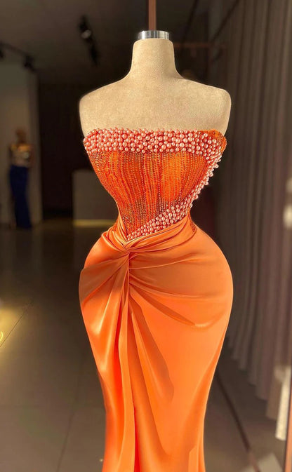 RP1544-Gorgeous Orange Mermaid Strapless Pearls Sequins Sleeveless Satin Prom Evening Dresses Formal Party Gowns With Slit