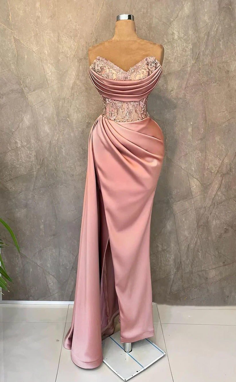 RP1545-Gorgeous Pink Mermaid Sweetheart Appliqued Sleeveless Satin Prom Evening Dresses Formal Party Gowns With Slit