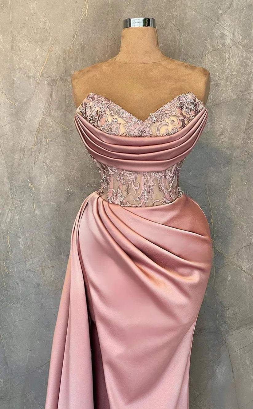 RP1545-Gorgeous Pink Mermaid Sweetheart Appliqued Sleeveless Satin Prom Evening Dresses Formal Party Gowns With Slit