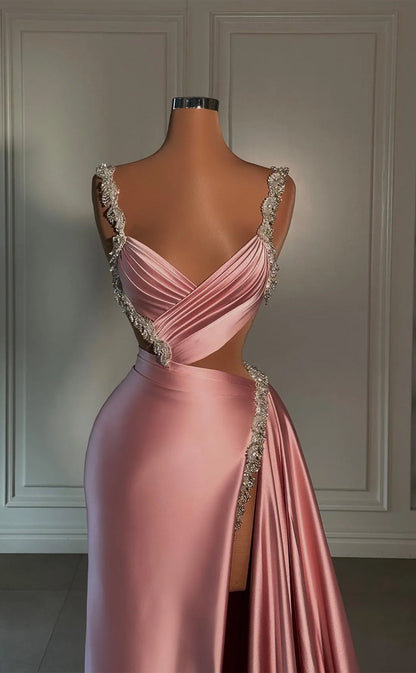 RP1546-Gorgeous Pink Mermaid Spaghetti Appliqued Sleeveless Satin Prom Evening Dresses Formal Party Gowns With Slit