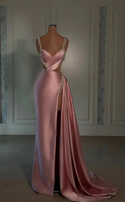 RP1546-Gorgeous Pink Mermaid Spaghetti Appliqued Sleeveless Satin Prom Evening Dresses Formal Party Gowns With Slit