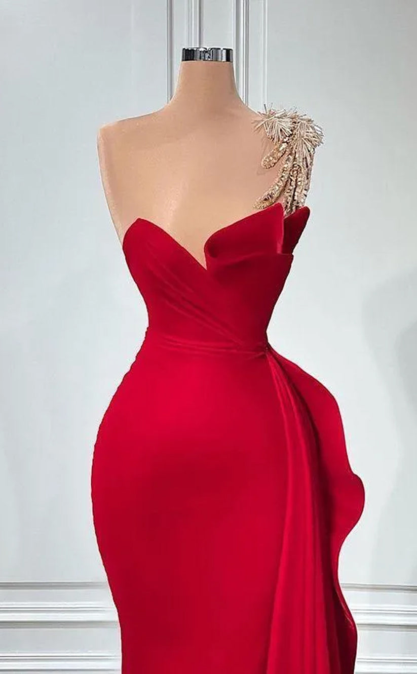 RP1548-Gorgeous Red Mermaid One Shoulder Appliqued Sleeveless Satin Prom Evening Dresses Formal Party Gowns With Slit