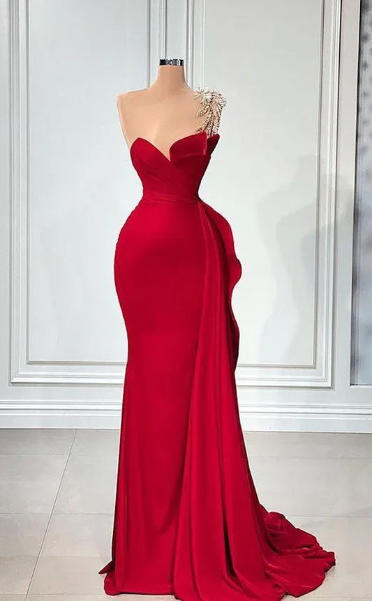 RP1548-Gorgeous Red Mermaid One Shoulder Appliqued Sleeveless Satin Prom Evening Dresses Formal Party Gowns With Slit