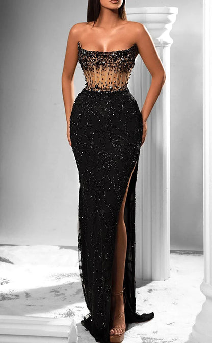 RP447-Luxury Mermaid Strapless Beads Crystals Sleeveless Long Prom Evening Dresses Formal Party Gowns With Side Slit