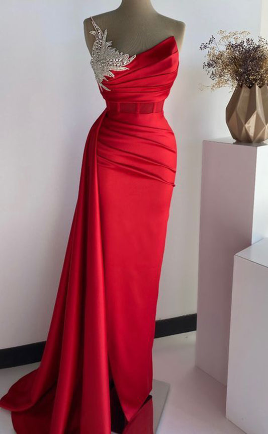 RP1547-Gorgeous Red Mermaid Sweetheart Appliqued Sleeveless Satin Prom Evening Dresses Formal Party Gowns With Slit