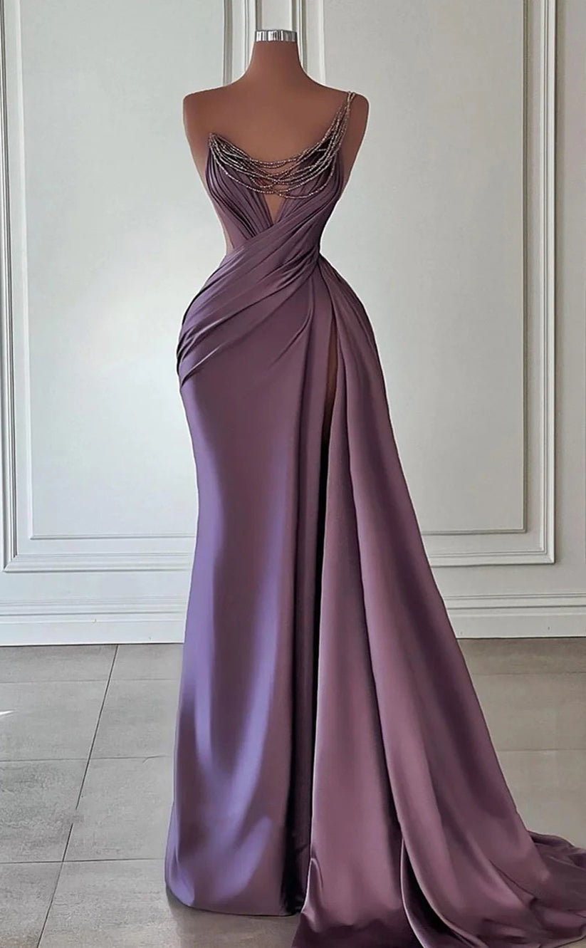 RP1551-Gorgeous Mermaid One Shoulder Beaded Sleeveless Satin Prom Evening Dresses Formal Party Gowns With Slit