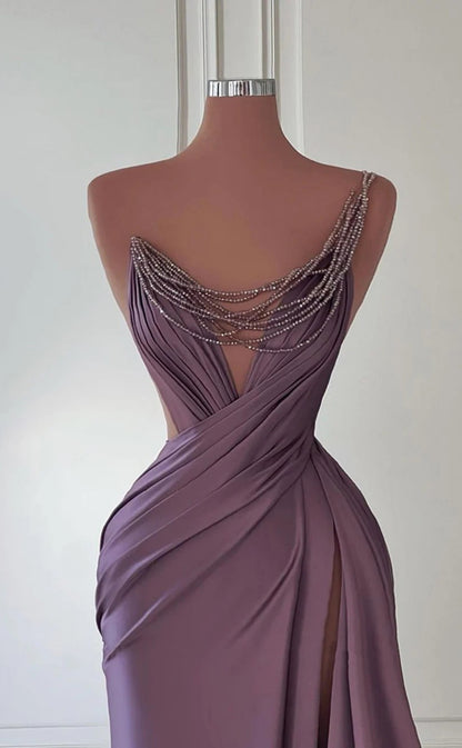 RP1551-Gorgeous Mermaid One Shoulder Beaded Sleeveless Satin Prom Evening Dresses Formal Party Gowns With Slit