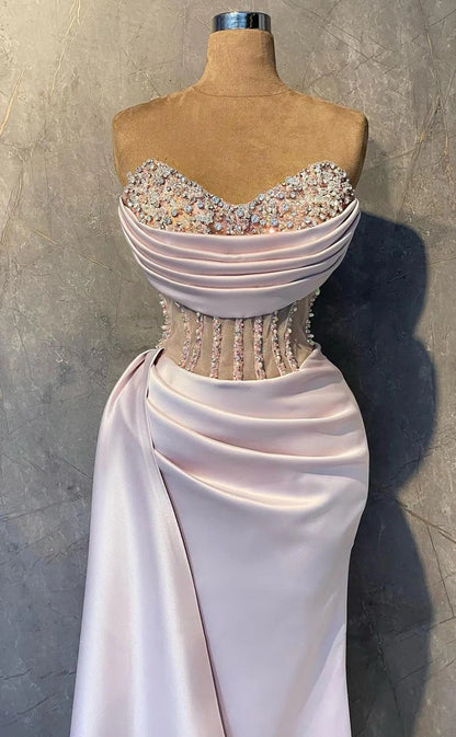 RP1549-Gorgeous Pink Mermaid Sweetheart Beaded Sleeveless Satin Prom Evening Dresses Formal Party Gowns With Slit