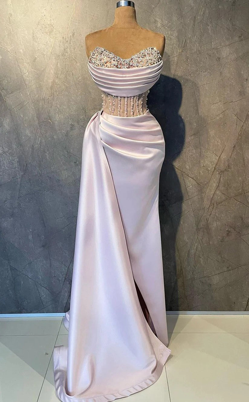 RP1549-Gorgeous Pink Mermaid Sweetheart Beaded Sleeveless Satin Prom Evening Dresses Formal Party Gowns With Slit