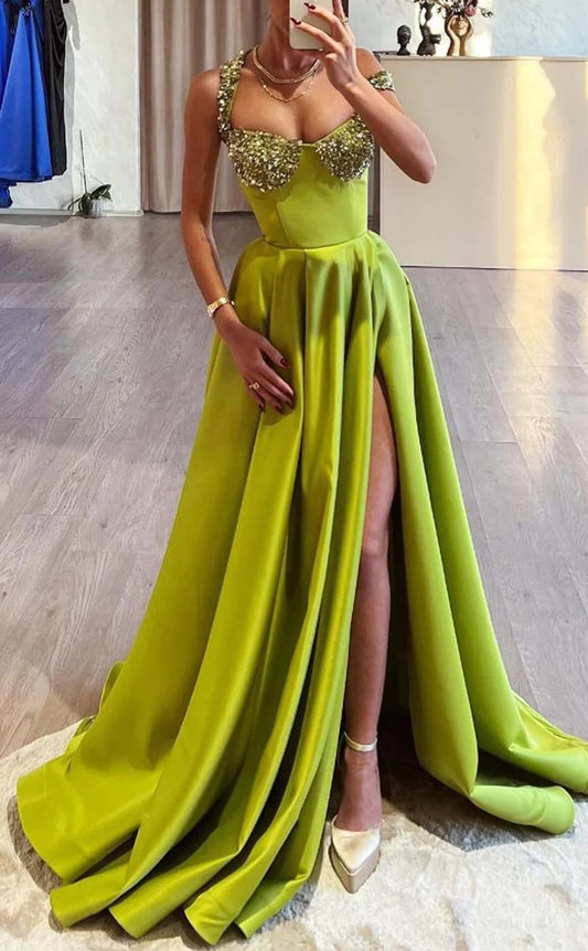 RP1550-Elegant Green A-Line Off-the-Shoulder Crystals Sleeveless Satin Prom Evening Dresses Formal Party Gowns With Slit