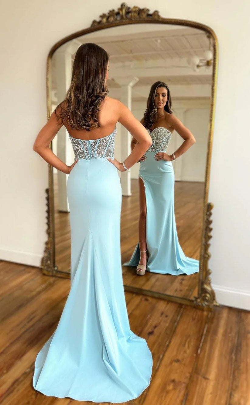 RP1535-Gorgeous Sky Blue Mermaid Sweetheart Beaded Sleeveless Satin Prom Evening Dresses Formal Party Gowns With Slit