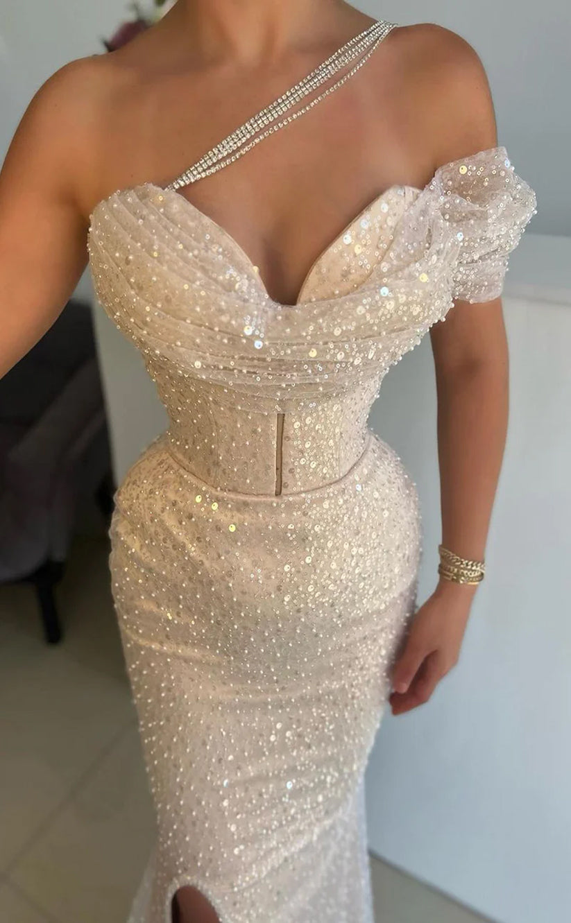 RP1536-Sparkling Ivory Mermaid One Shoulder Beaded Sequins Sleeveless Prom Evening Dresses Formal Party Gowns With Slit