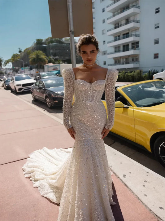 Sparkling Mermaid Wedding Dresses Sweetheart Long Sleeves Sequins Beads Court Train Bridal Gowns Custom Made