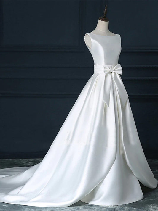 White A-Line Wedding Dresses Scoop Cap Sleeves Bowknot Zipper Satin Court Train Bridal Gowns For Women