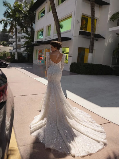 Sparkling Mermaid Wedding Dresses Sweetheart Long Sleeves Sequins Beads Court Train Bridal Gowns Custom Made