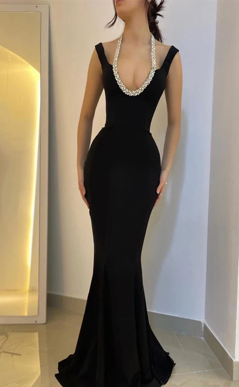 RP1527-Unique Black Mermaid Halter Crystals Sleeveless Satin Prom Evening Dresses Formal Party Gowns