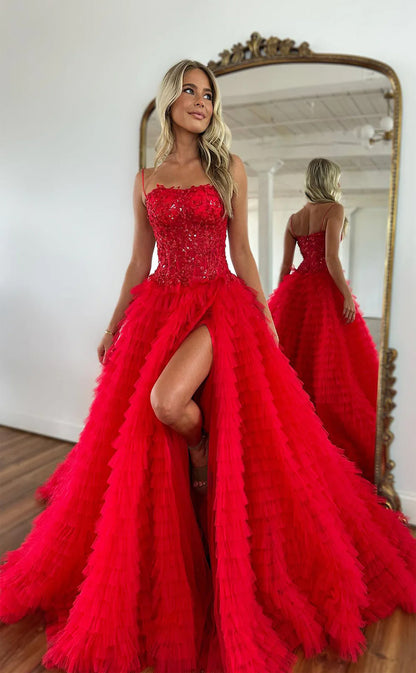 RP1533-Elegant Red A-Line Spaghetti Sequins Ruffles Sleeveless Tulle Prom Evening Dresses Formal Party Gowns With Slit