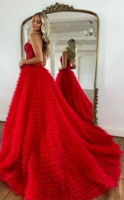 RP1533-Elegant Red A-Line Spaghetti Sequins Ruffles Sleeveless Tulle Prom Evening Dresses Formal Party Gowns With Slit