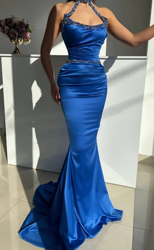 RP449-Elegant Royal Blue Mermaid Halter Ruched Beads Crystals Sleeveless Long Prom Evening Dresses Formal Party Gowns