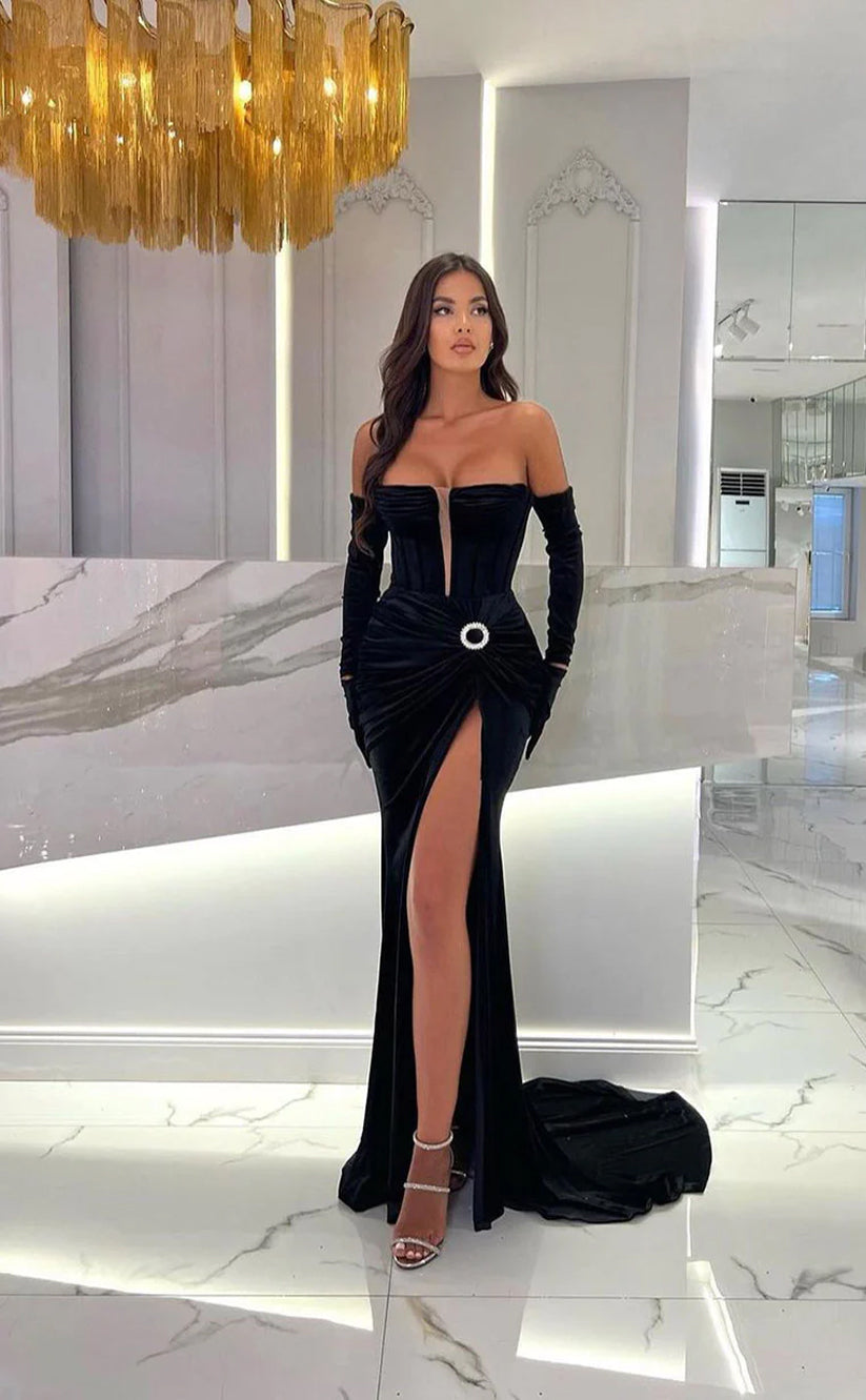 RP1524-Elegant Black Mermaid Strapless Ruched Long Sleeves Satin Prom Evening Dresses Formal Party Gowns With Slit