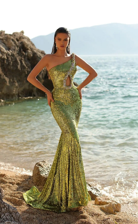 RP1571-Unique Olive Mermaid Asymmetric Crystals Sleeveless Sequins Prom Evening Dresses Formal Party Gowns With Train