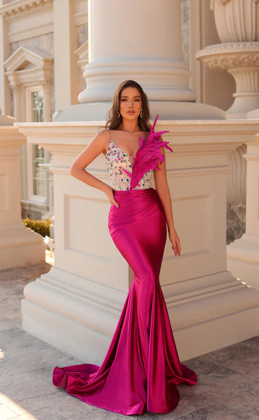 RP1575-Luxury Fuchsia Mermaid Spaghetti Crystals Feather Sleeveless Prom Evening Dresses Formal Party Gowns With Train