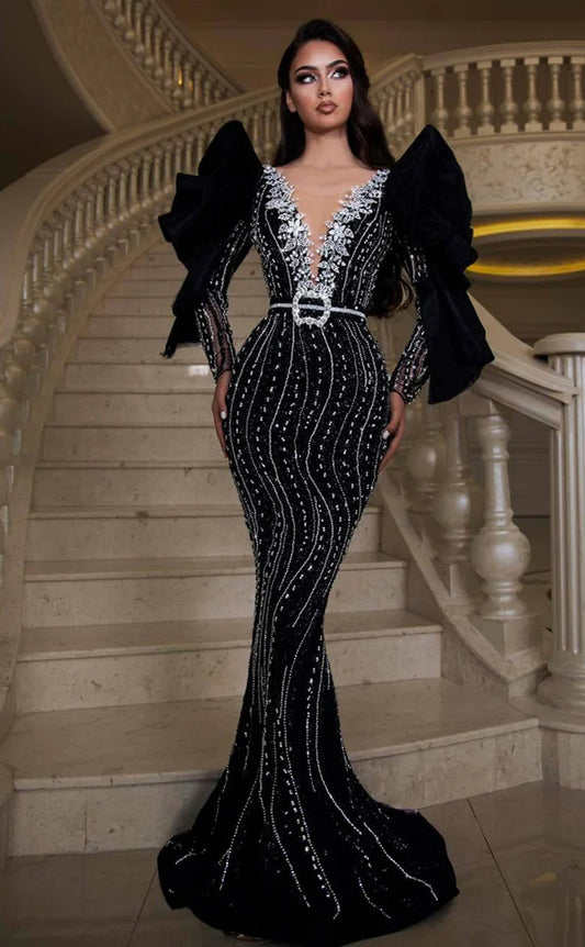 RP244-Black Trumpet V-Neck Beads Appliqued Long Sleeves Prom Evening Dresses Formal Party Gowns