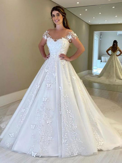 Modern Ball Gown Wedding Dresses Sweetheart Appliques Cap Sleeves Backless Court Train Bridal Gowns Custom Made