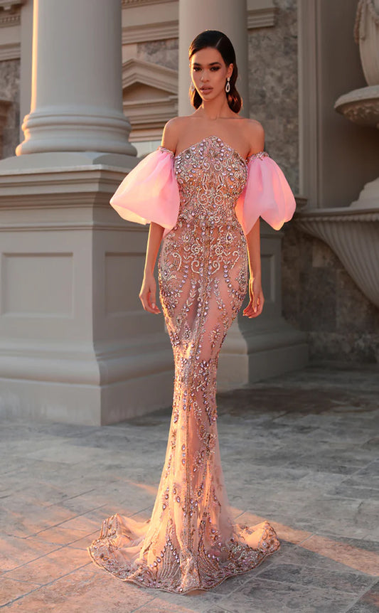 RP1581-Luxurious Pink Mermaid Strapless Appliqued Crystals Puffy Sleeves Prom Evening Dresses Formal Party Gowns With Train